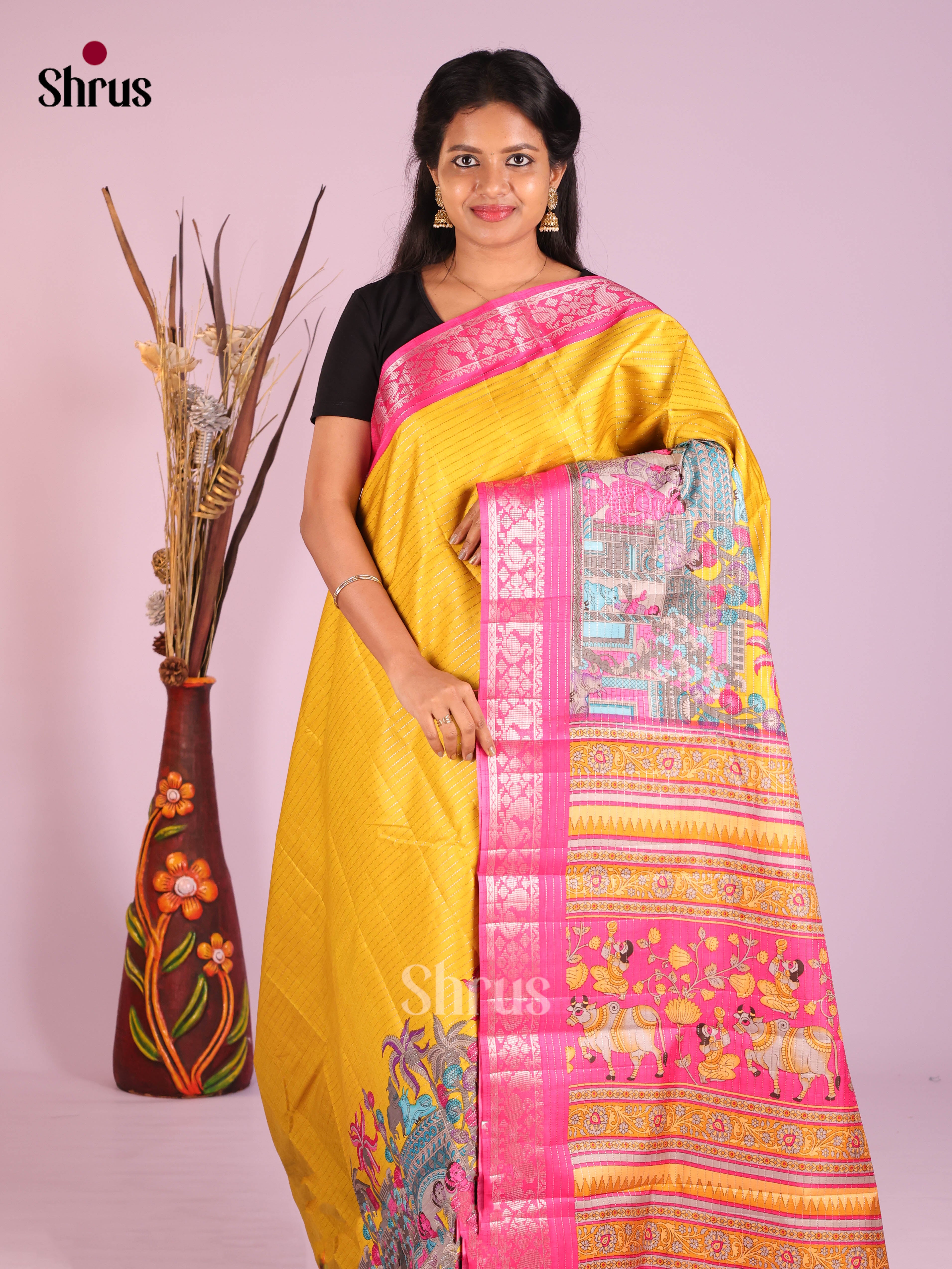 Yellow & Pink- Semi Tussar Saree