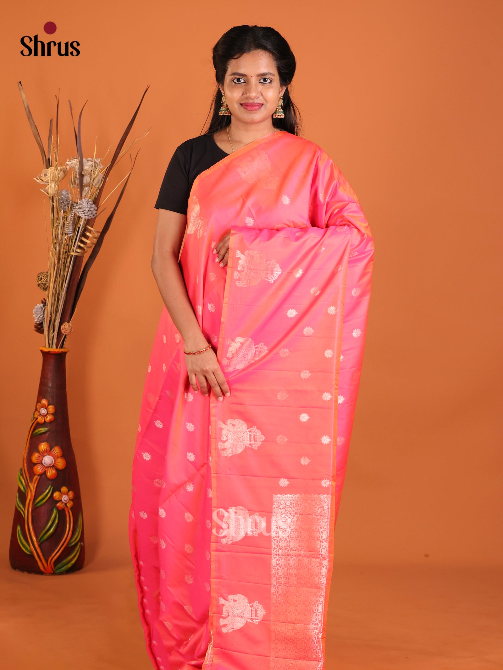Orangish Pink - Semi Softsilk Saree