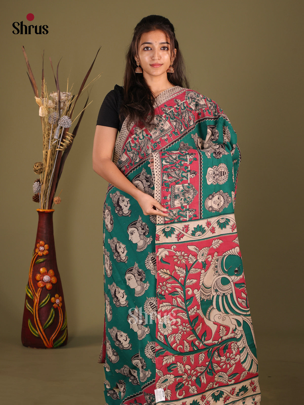 Green & Cream - kalamkari-cotton Saree - Shop on Shrus.com