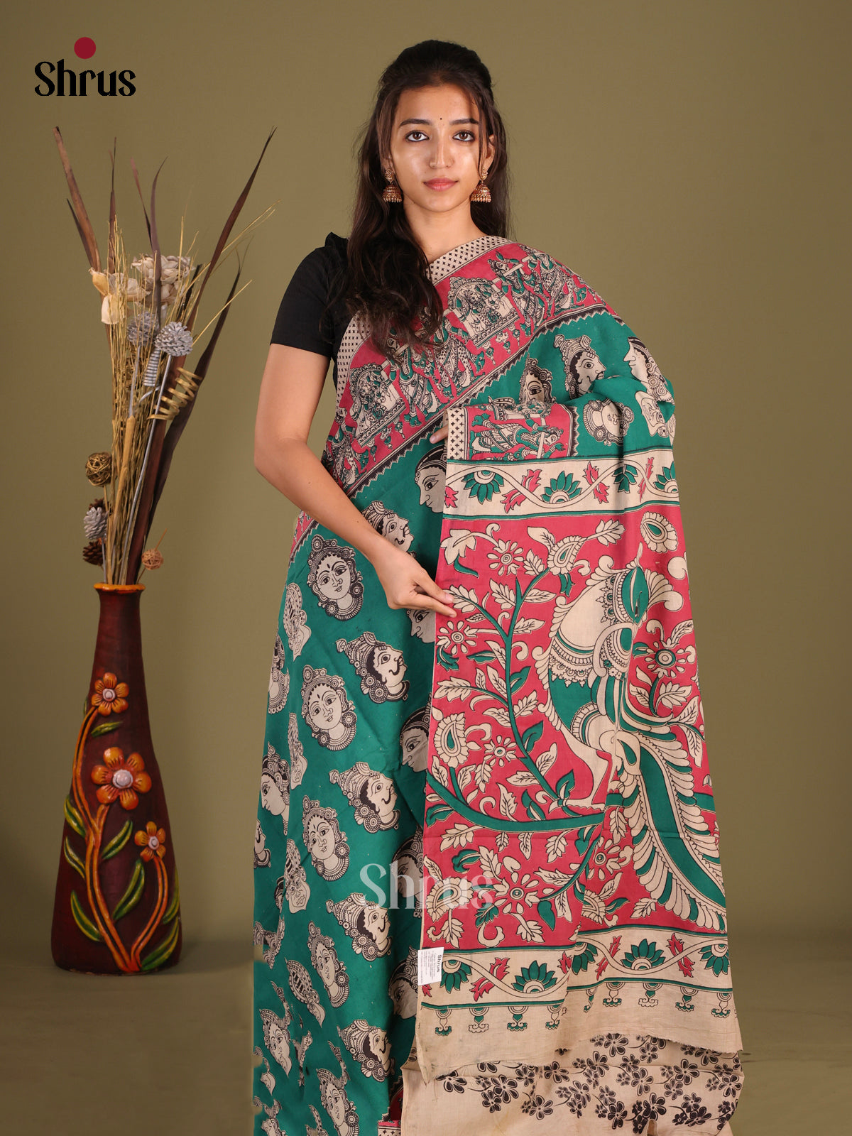 Green & Cream - kalamkari-cotton Saree - Shop on Shrus.com