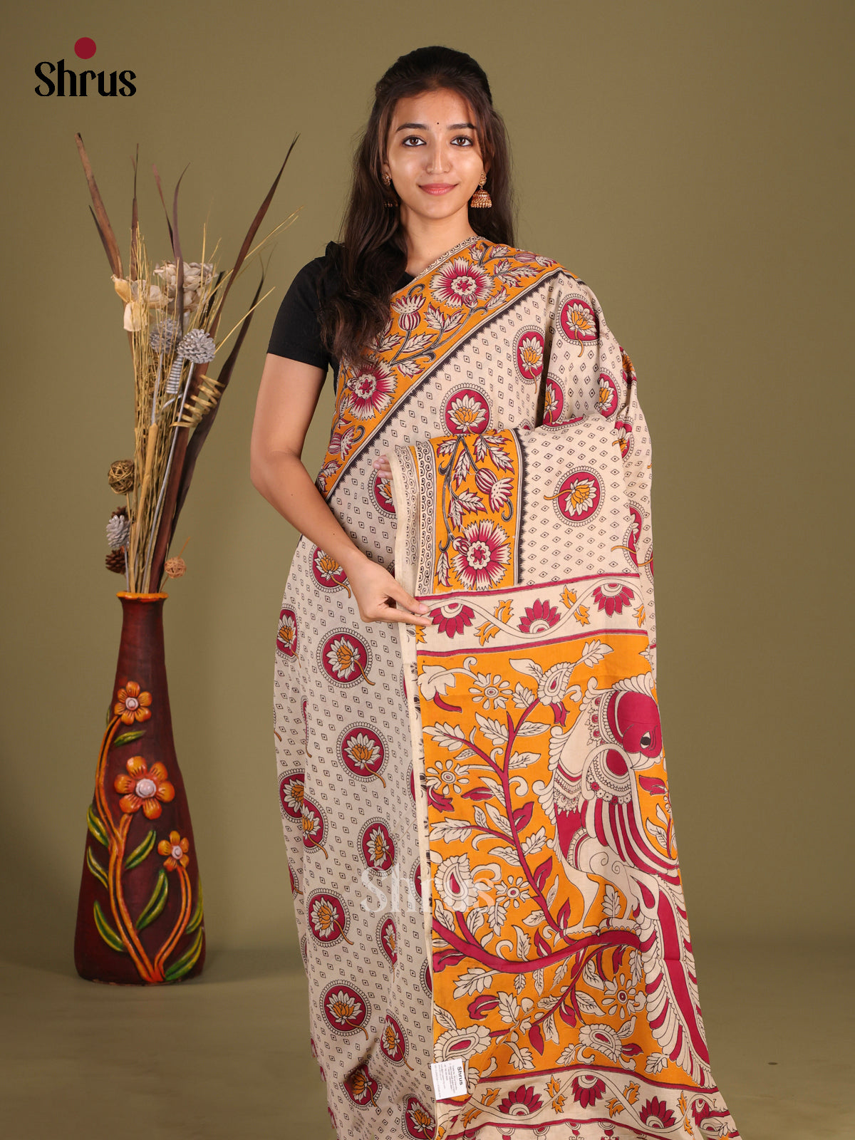 Cream & Orange - kalamkari-cotton Saree