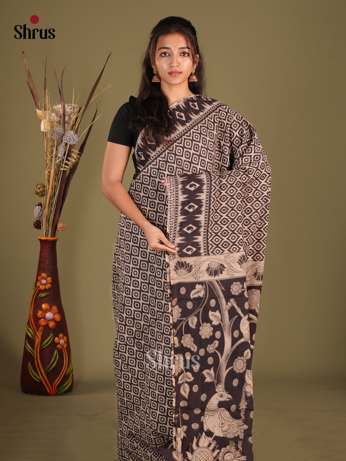 Cream & Black- kalamkari-cotton Saree