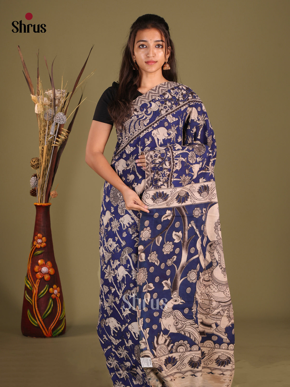 Blue & Cream - kalamkari-cotton Saree