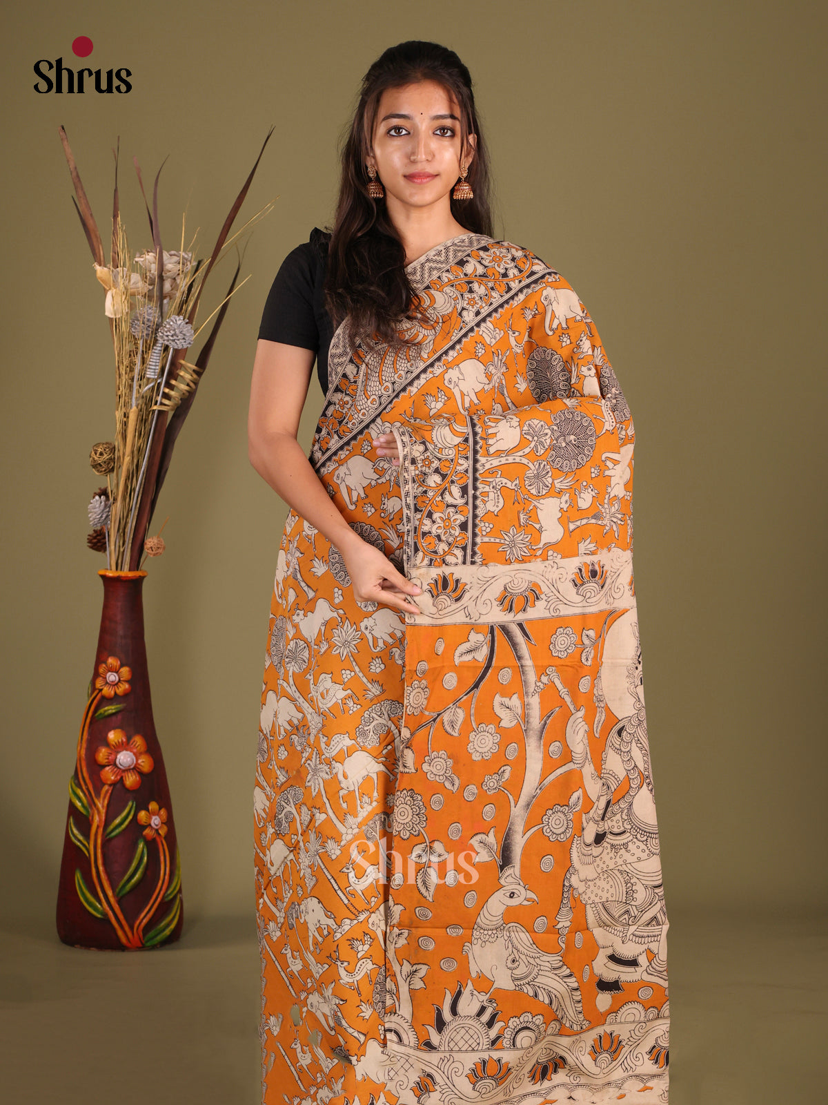 Orange & Cream- kalamkari-cotton Saree