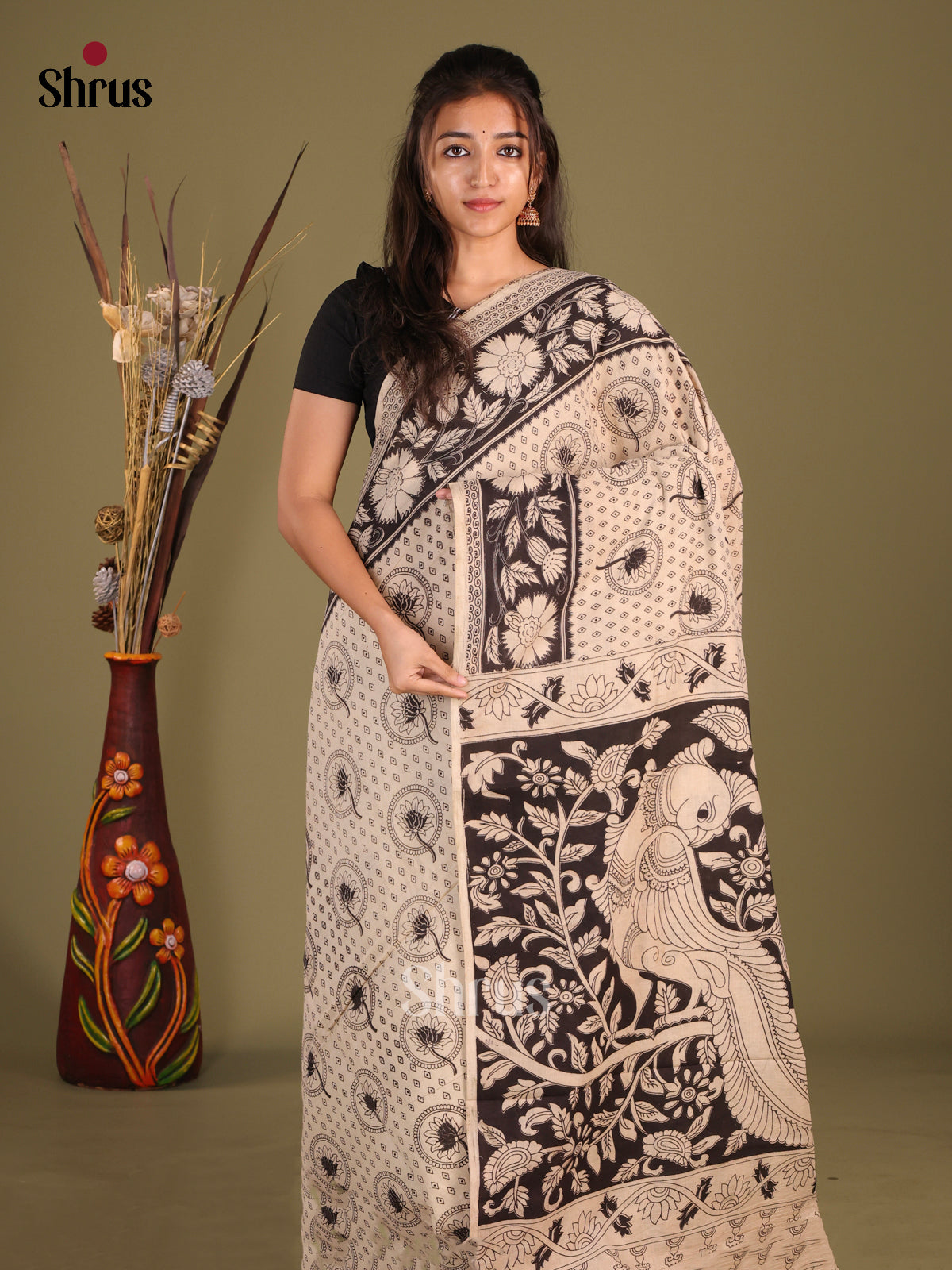 Cream & Black - kalamkari-cotton Saree