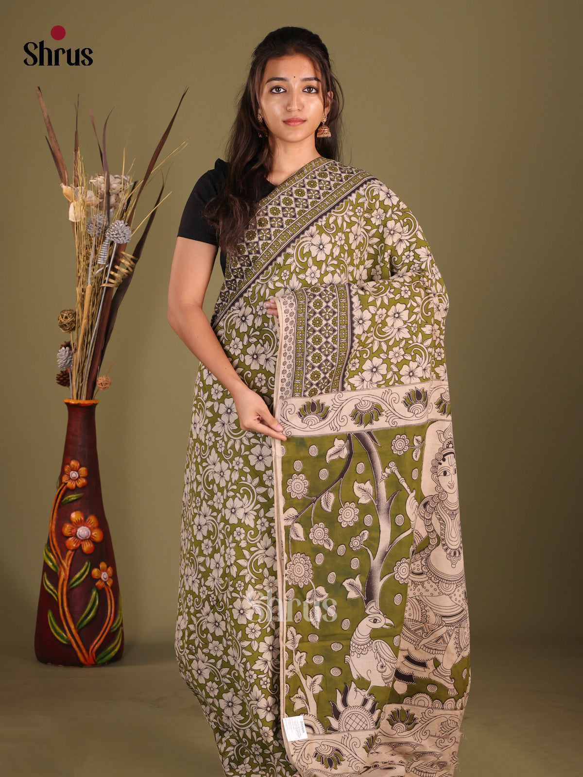 Green & Cream- kalamkari-cotton Saree - Shop on Shrus.com
