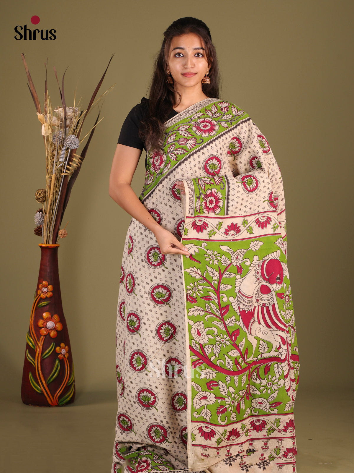 Cream & Green - kalamkari-cotton Saree