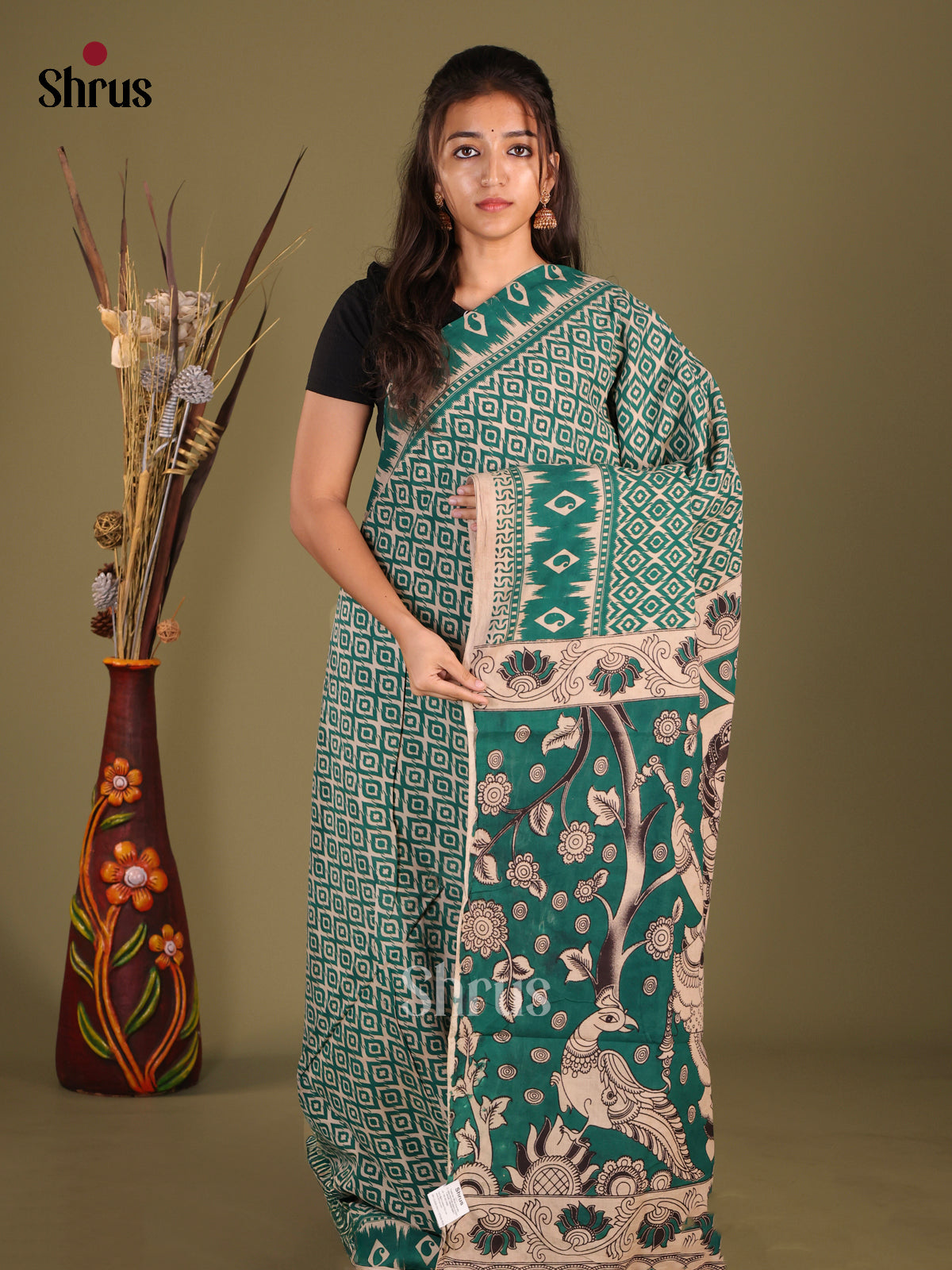 Green & Cream - kalamkari-cotton Saree
