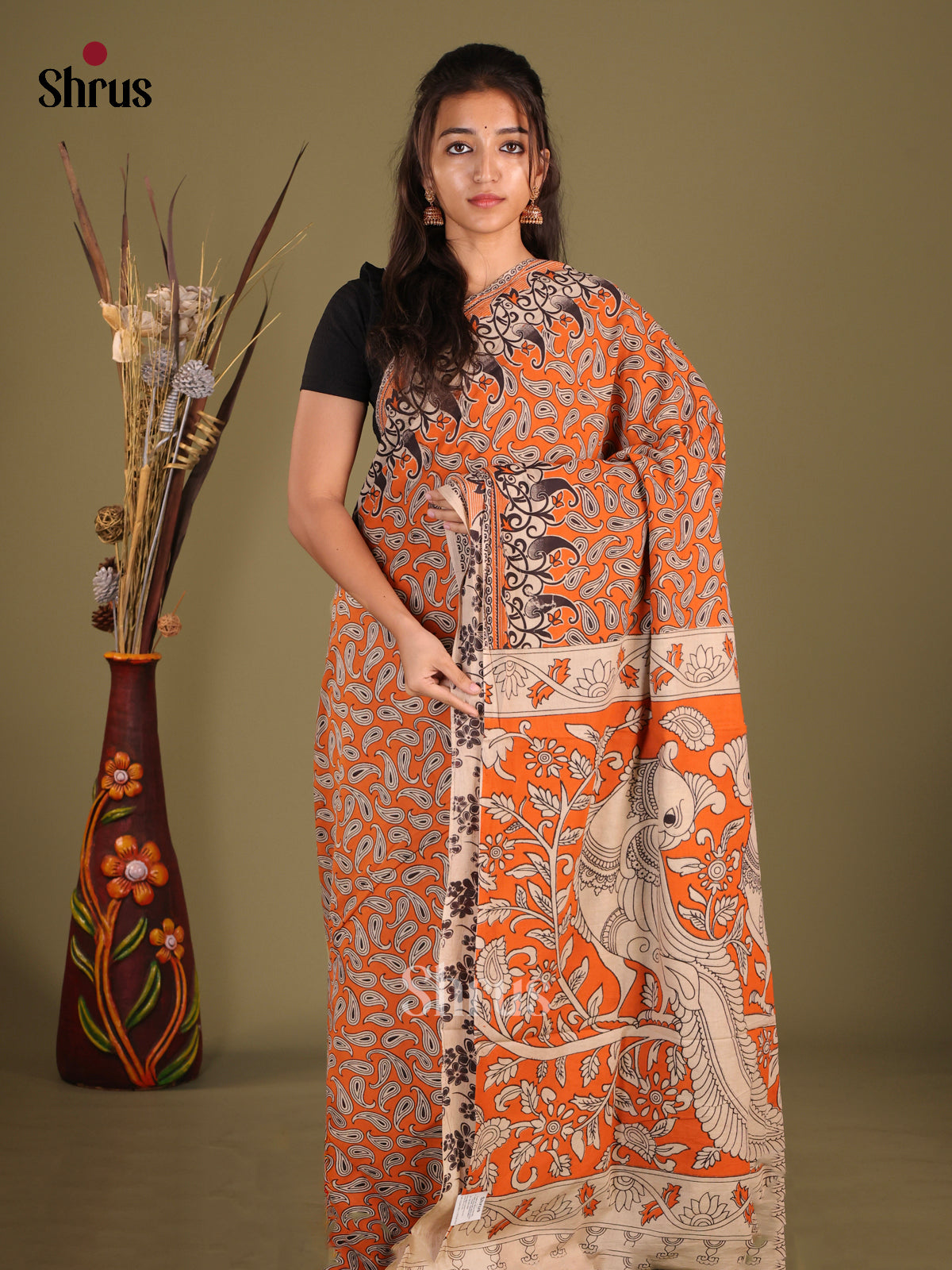 Orange & Cream- kalamkari-cotton Saree