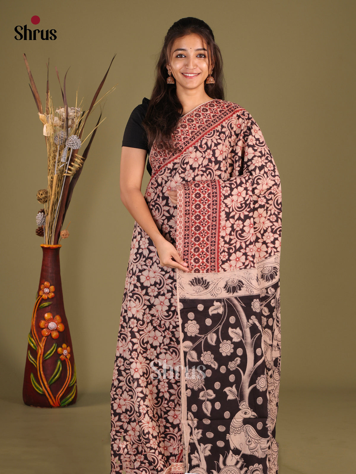 Black & Cream- kalamkari-cotton Saree