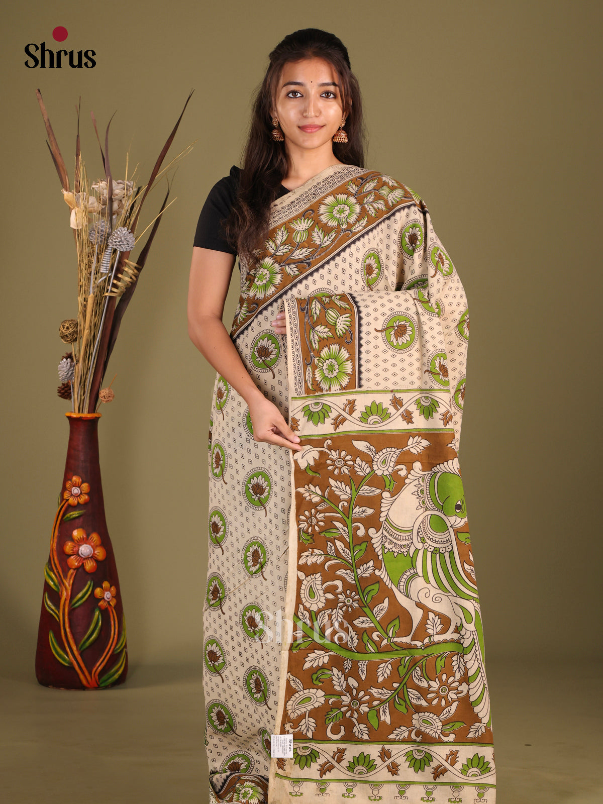 Cream & Green - kalamkari-cotton Saree