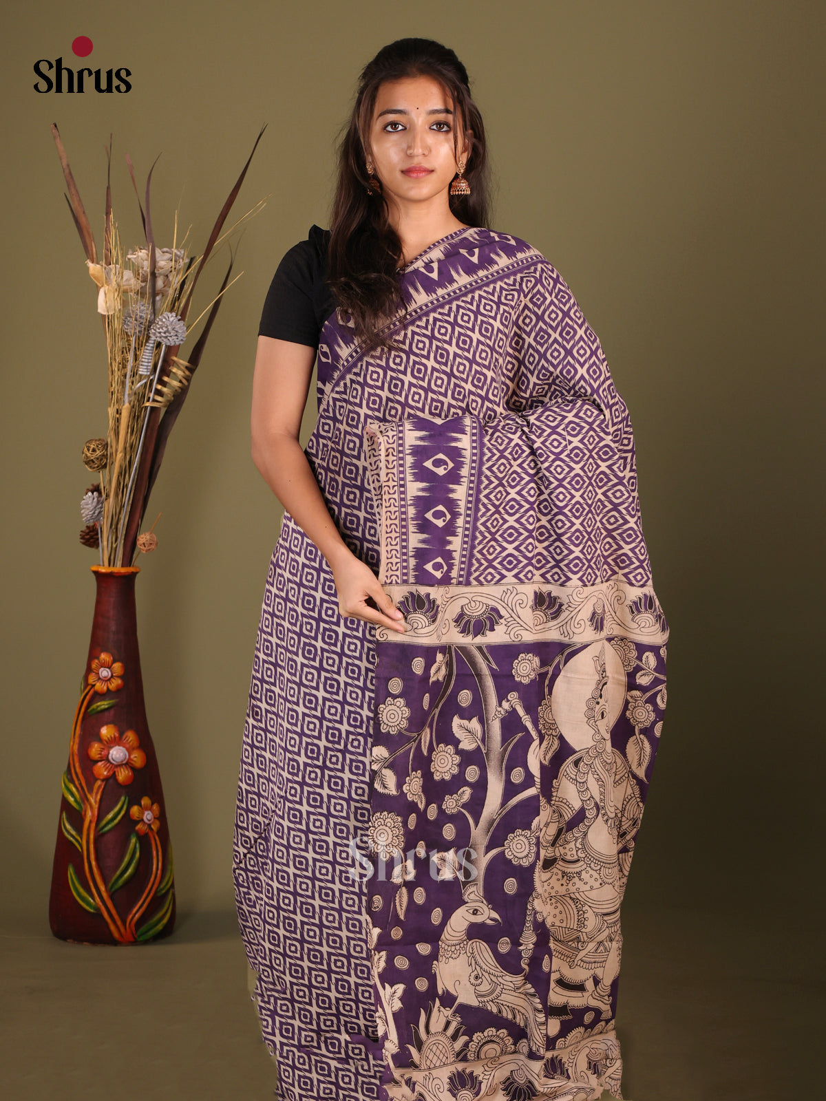 Violet & Cream - kalamkari-cotton Saree
