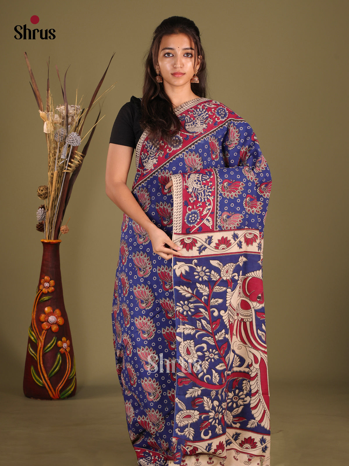 Blue & Cream - kalamkari-cotton Saree