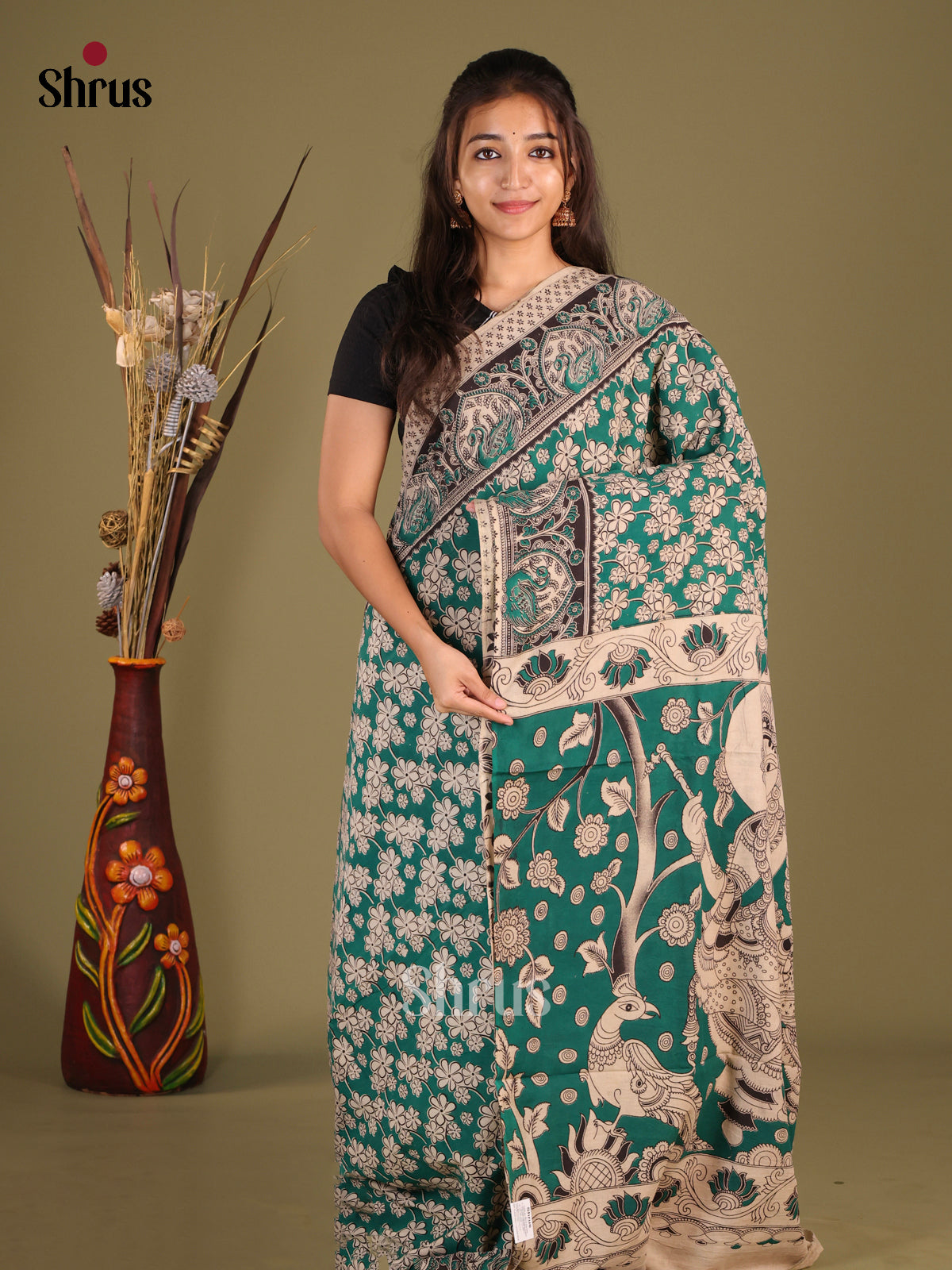 Green & Cream- kalamkari-cotton Saree
