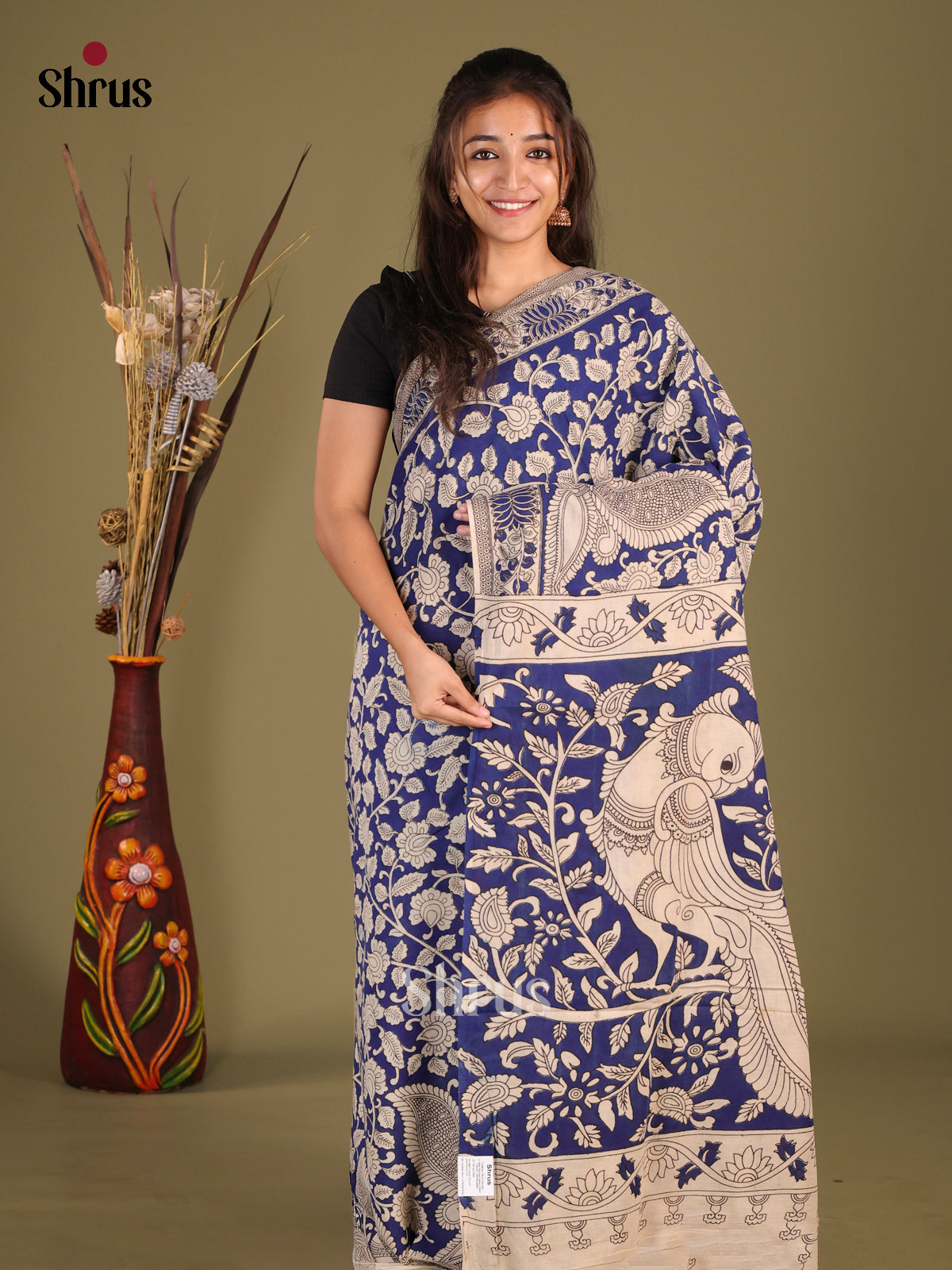 Blue & Cream - kalamkari-cotton Saree