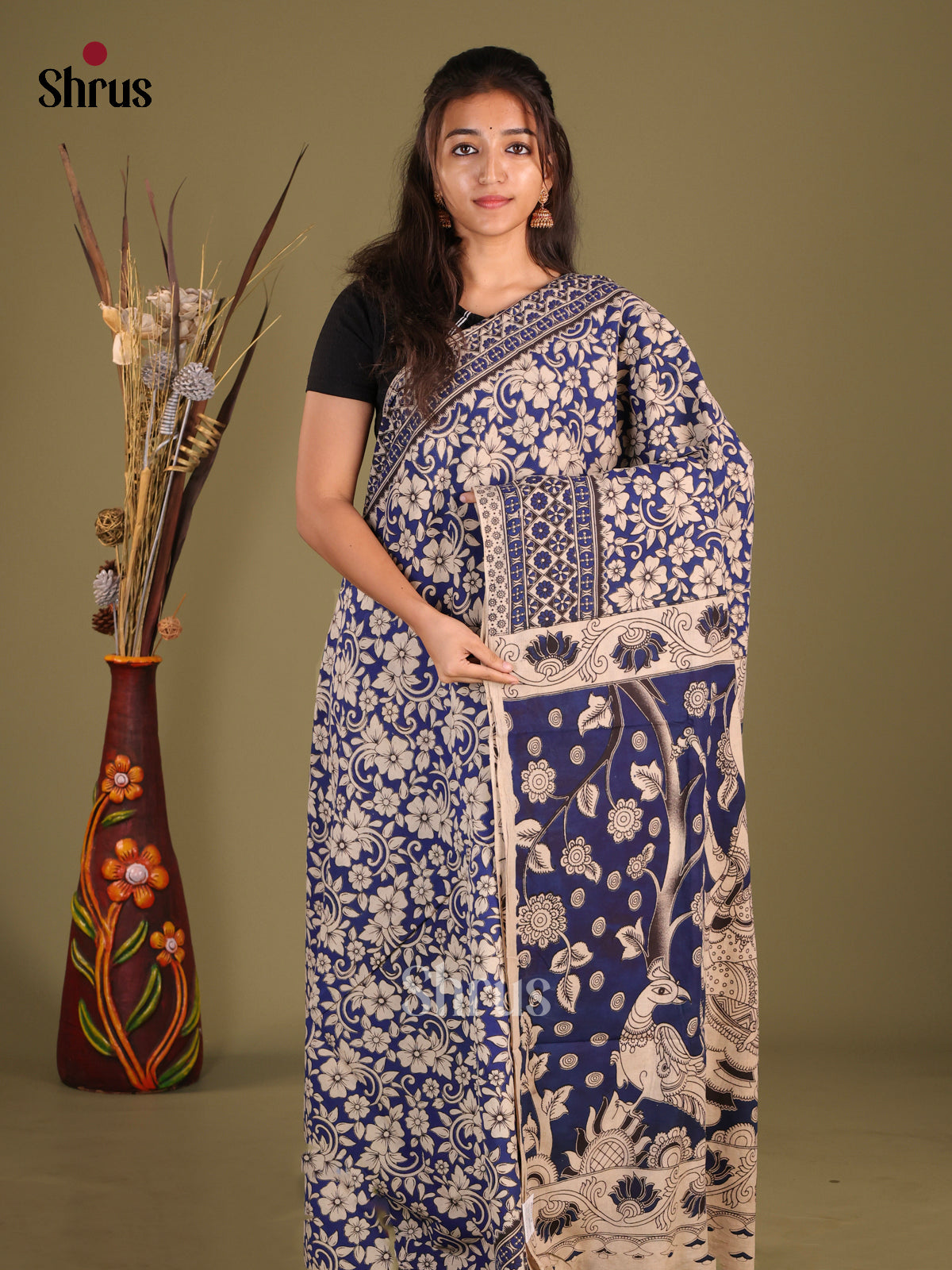 Blue & Cream - kalamkari-cotton Saree