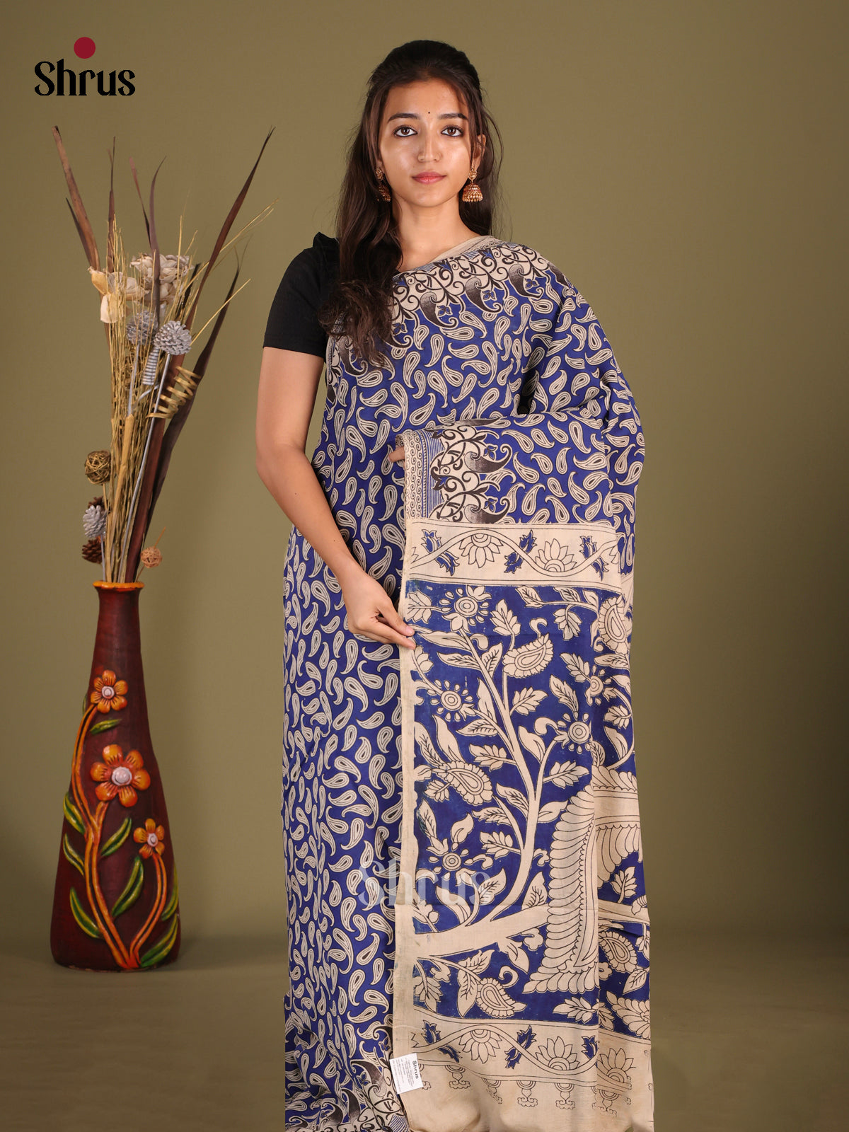Blue & Cream- kalamkari-cotton Saree
