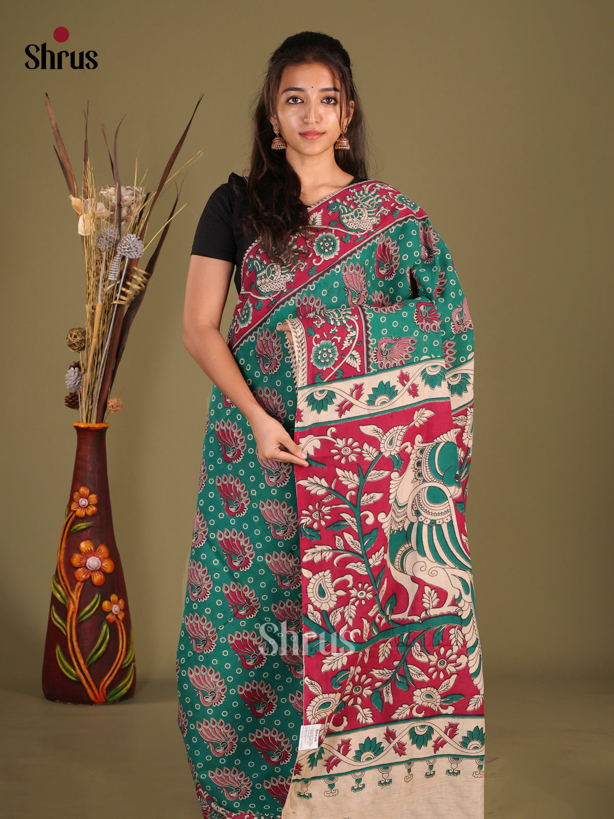 Green & Cream - kalamkari-cotton Saree - Shop on Shrus.com