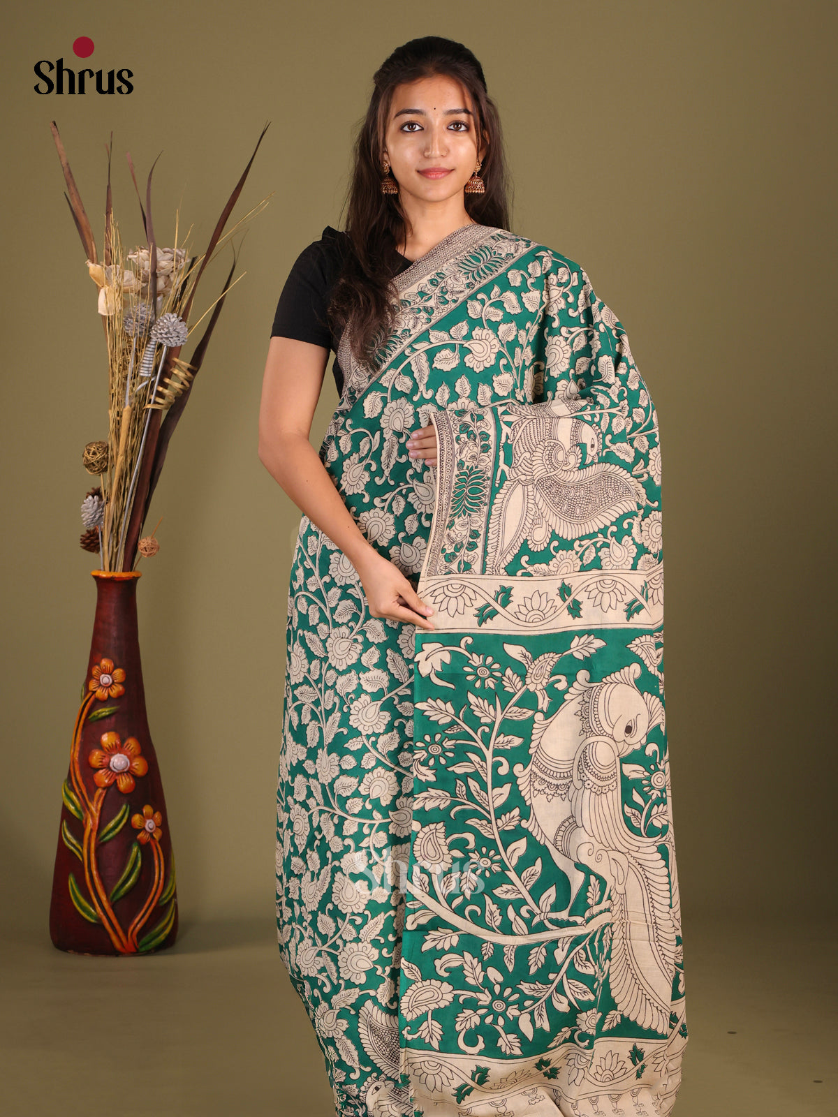 Green & Cream - kalamkari-cotton Saree - Shop on Shrus.com