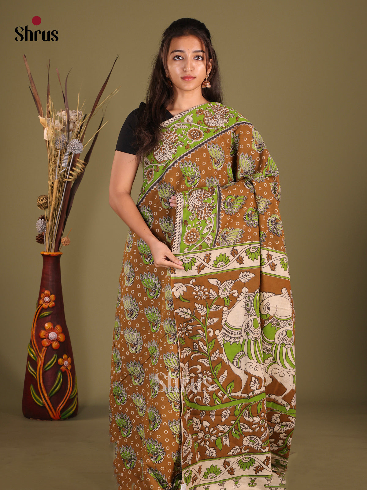 Mehandi & Cream - kalamkari-cotton Saree