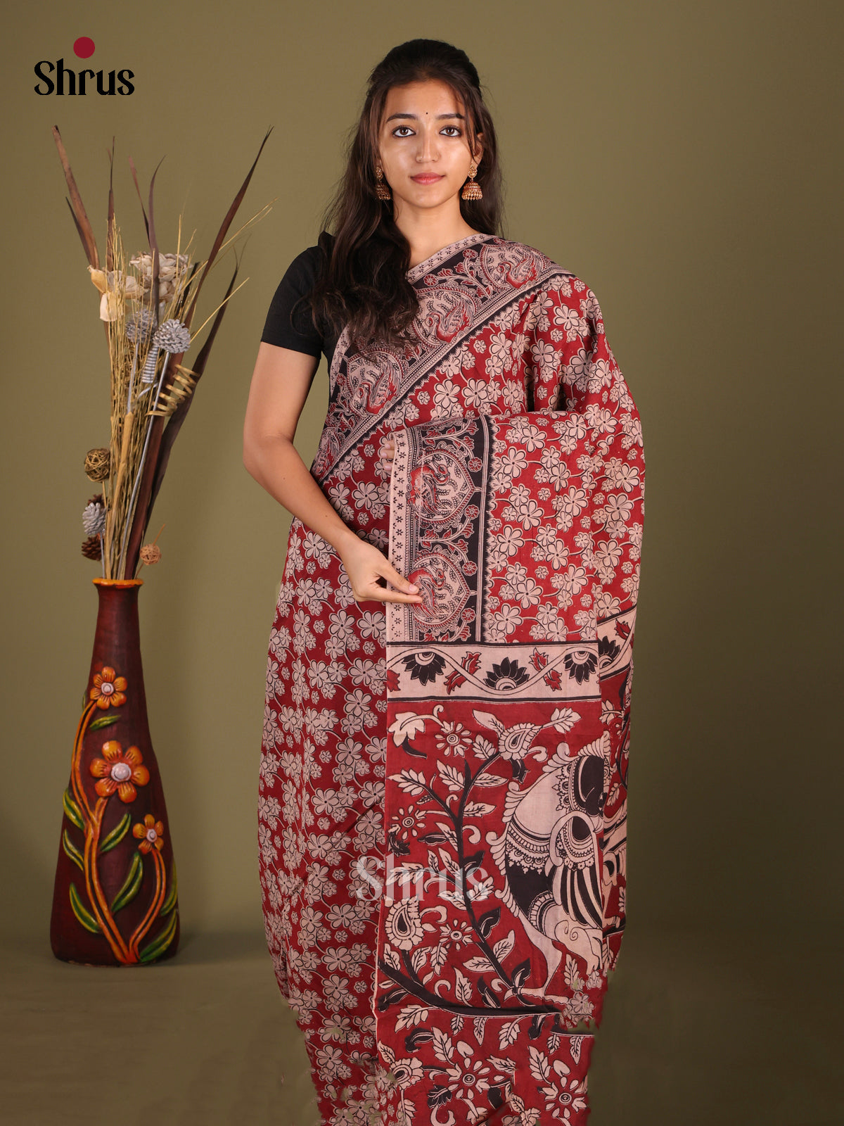 Red & Cream - kalamkari-cotton Saree