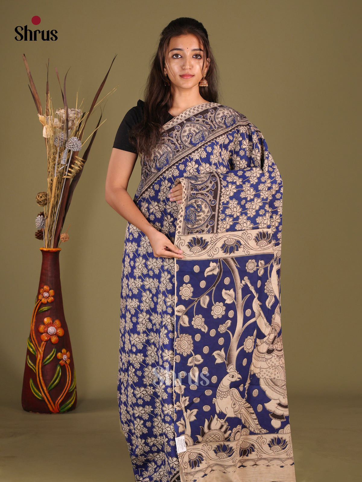 Blue & Cream- kalamkari-cotton Saree