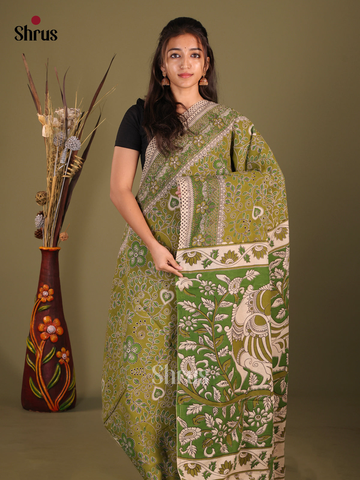 Mehandi Green & Cream - kalamkari-cotton Saree