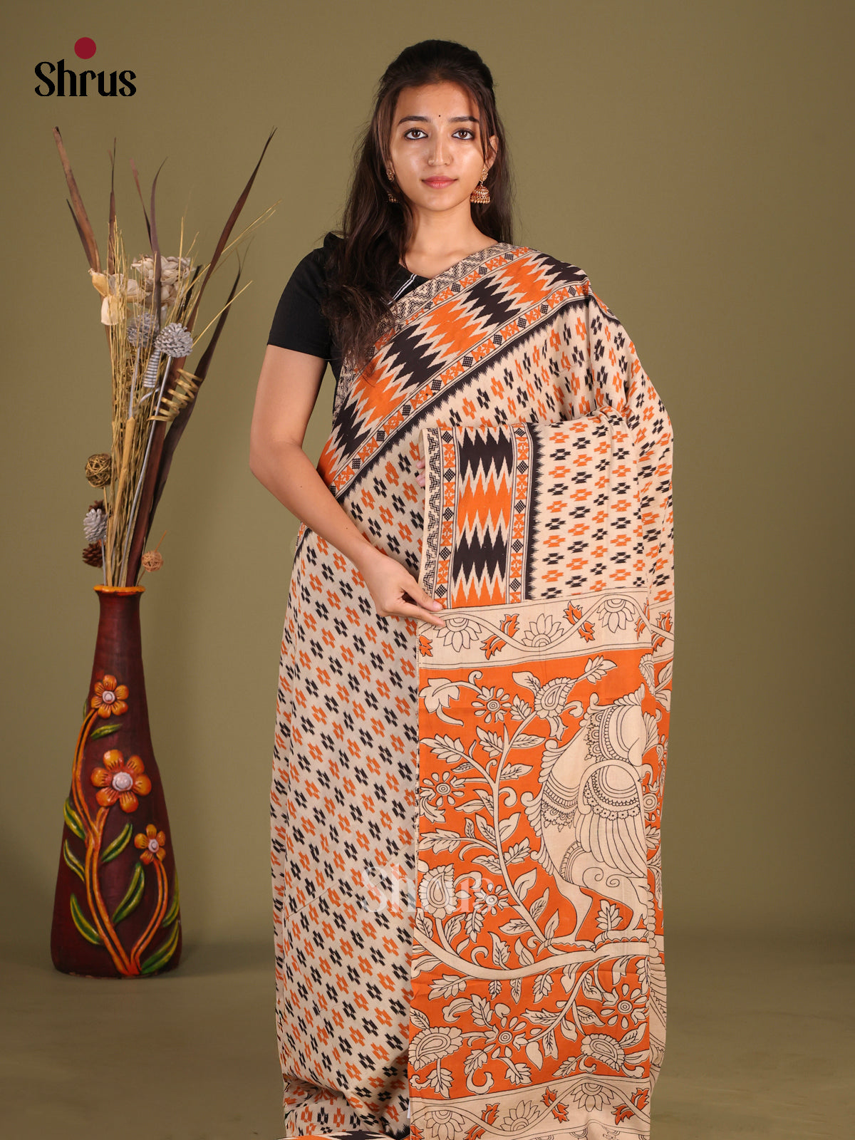 Cream & Orange - kalamkari-cotton Saree