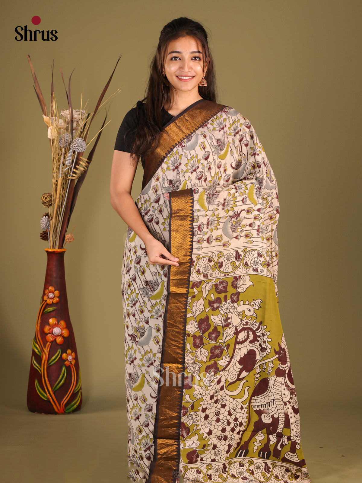 Cream & Green- chennur-kalamkari Saree