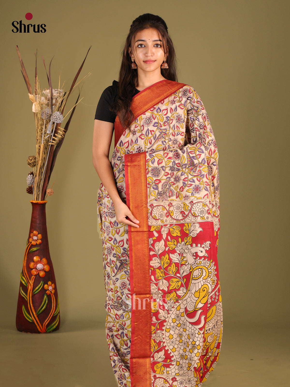 Cream & Red - chennur-kalamkari Saree