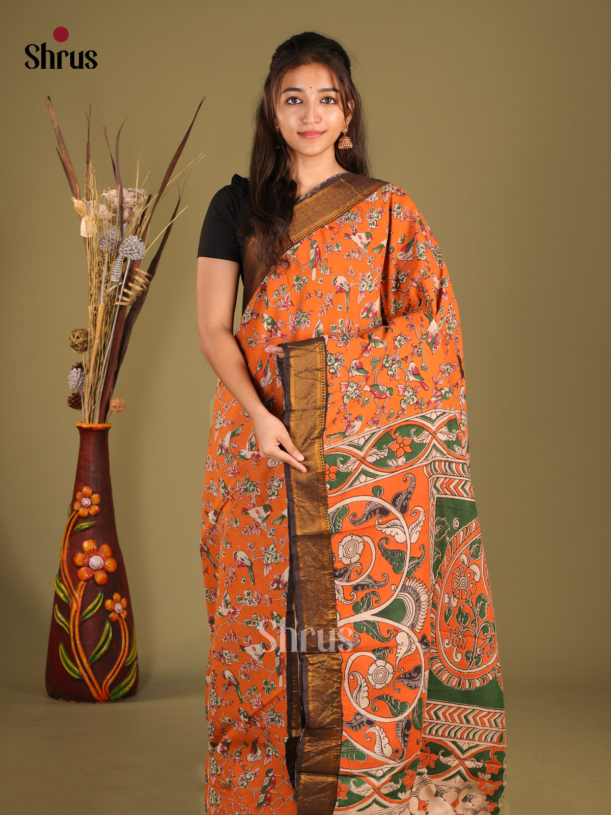 Orange & Cream - chennur-kalamkari Saree