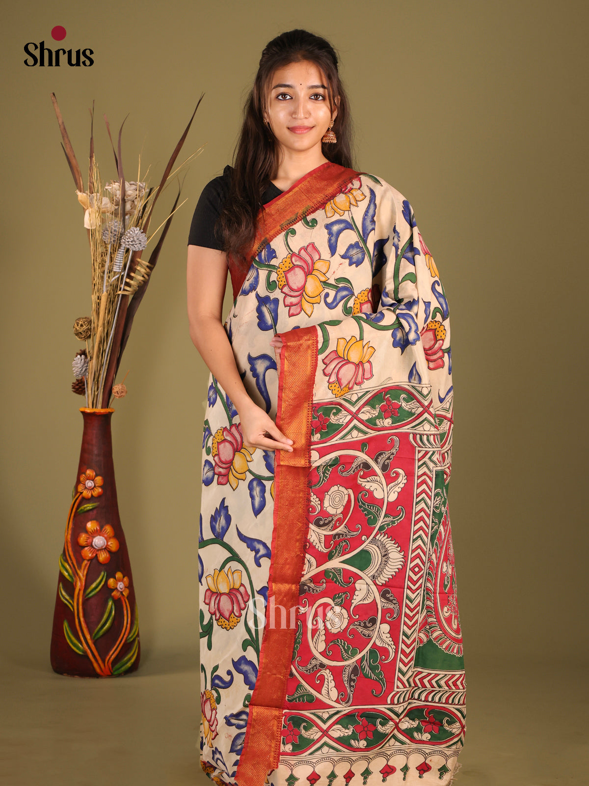 Cream & Green - chennur-kalamkari Saree