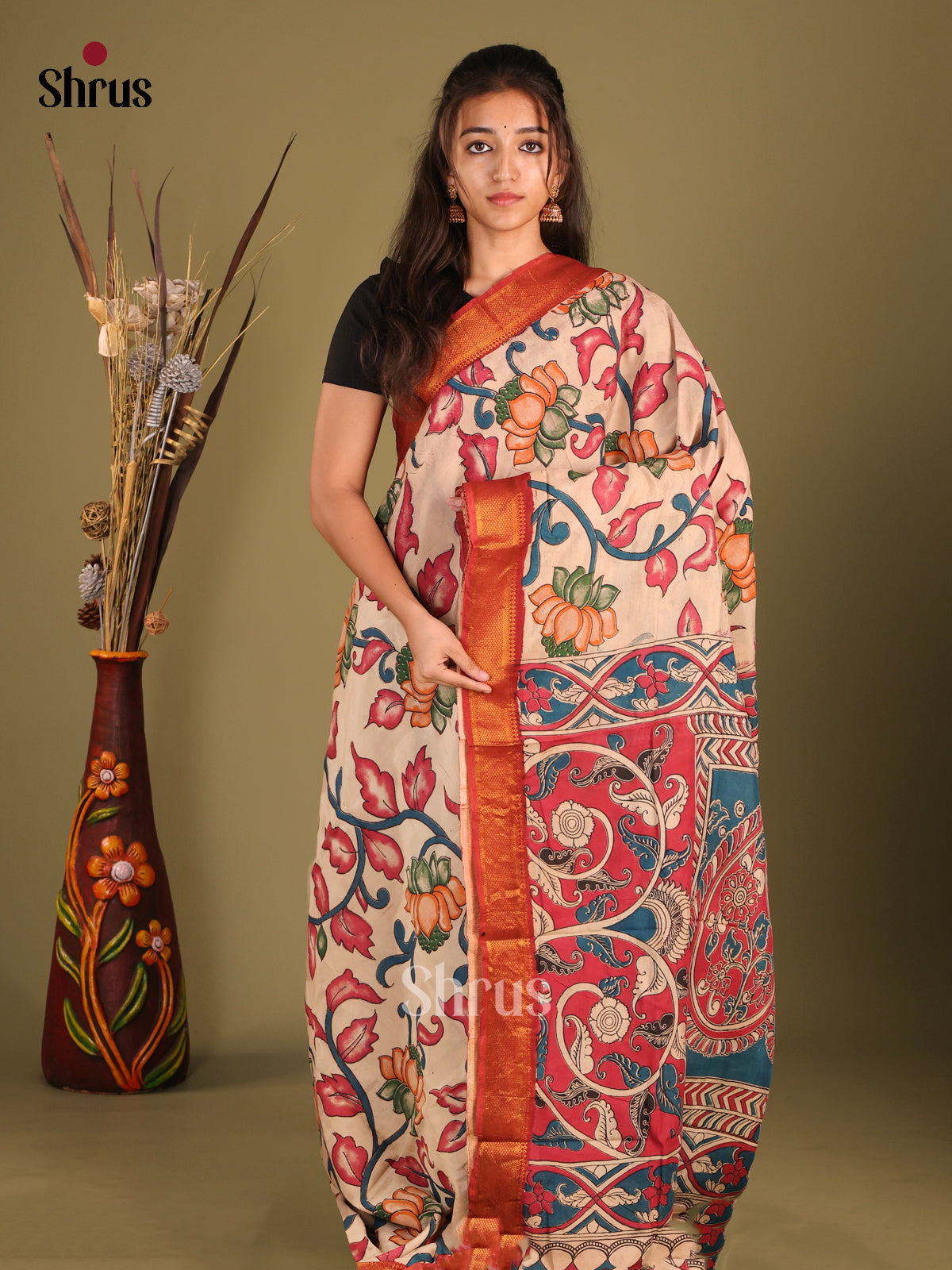 Cream & Blue - chennur-kalamkari Saree