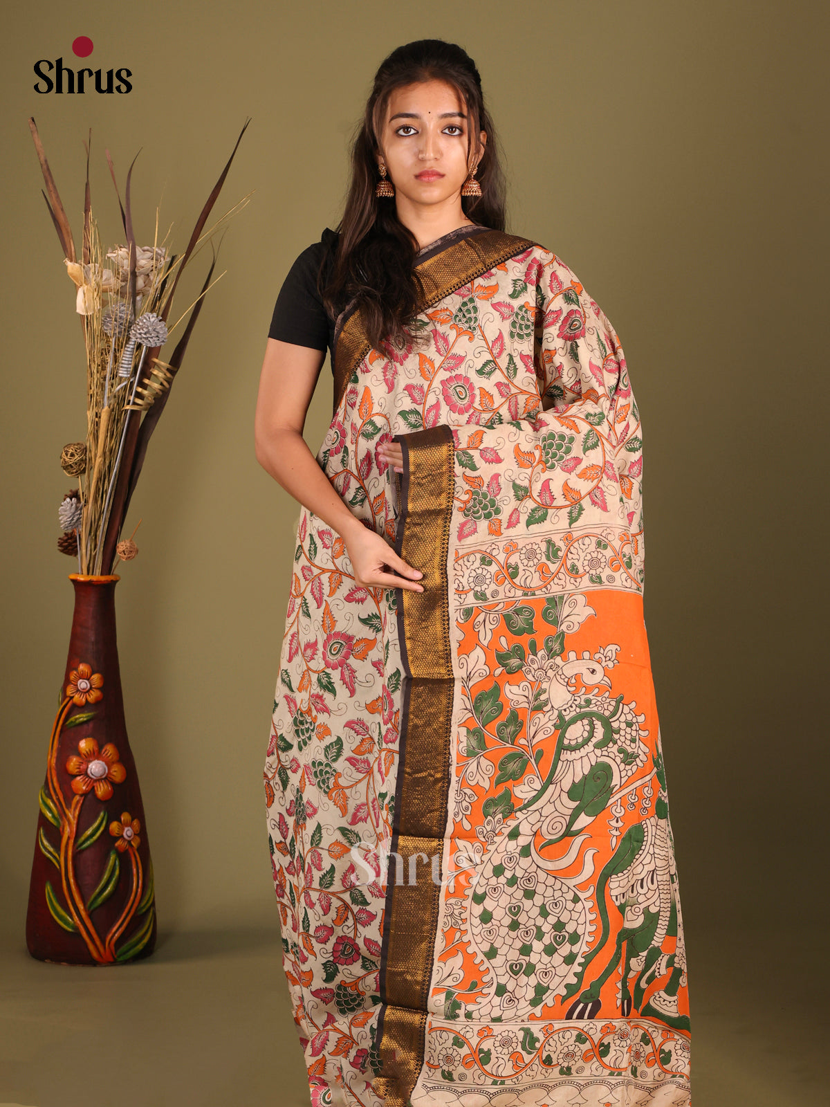 Cream & Orange - chennur-kalamkari Saree