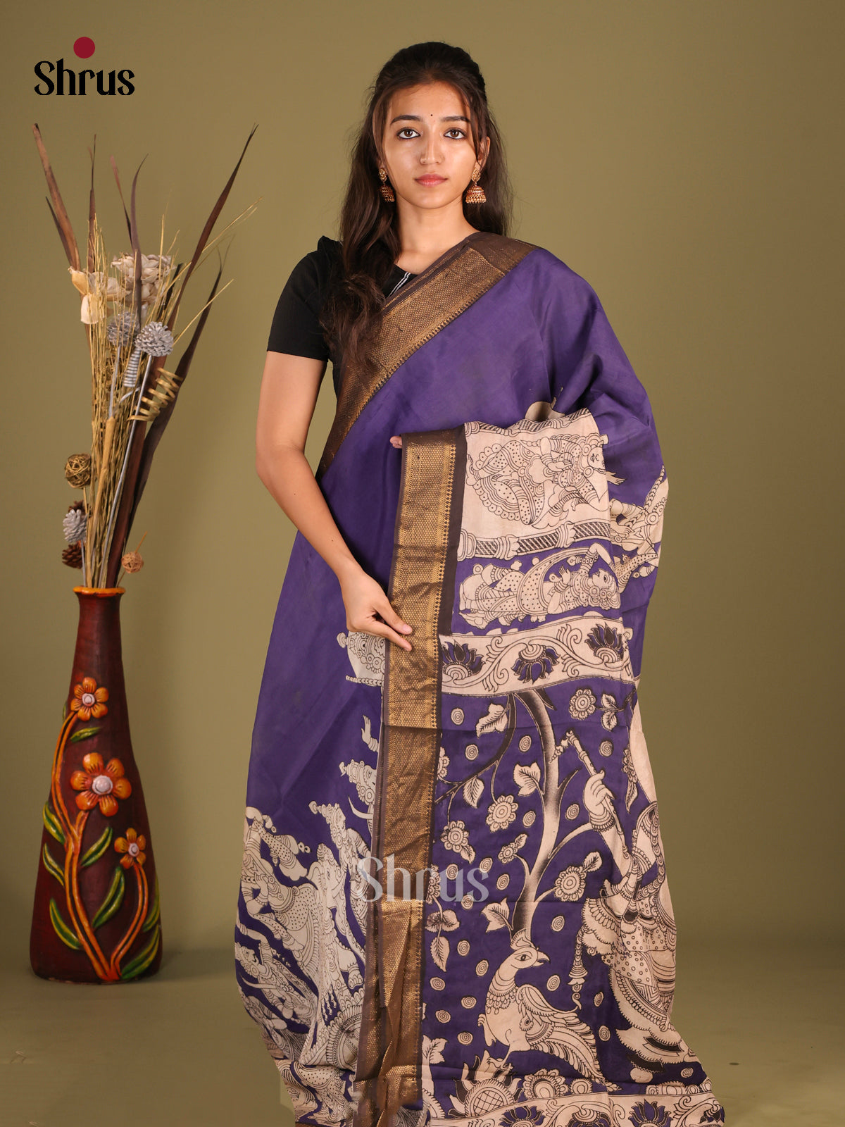 Violet & Off White - chennur-kalamkari Saree - Shop on Shrus.com