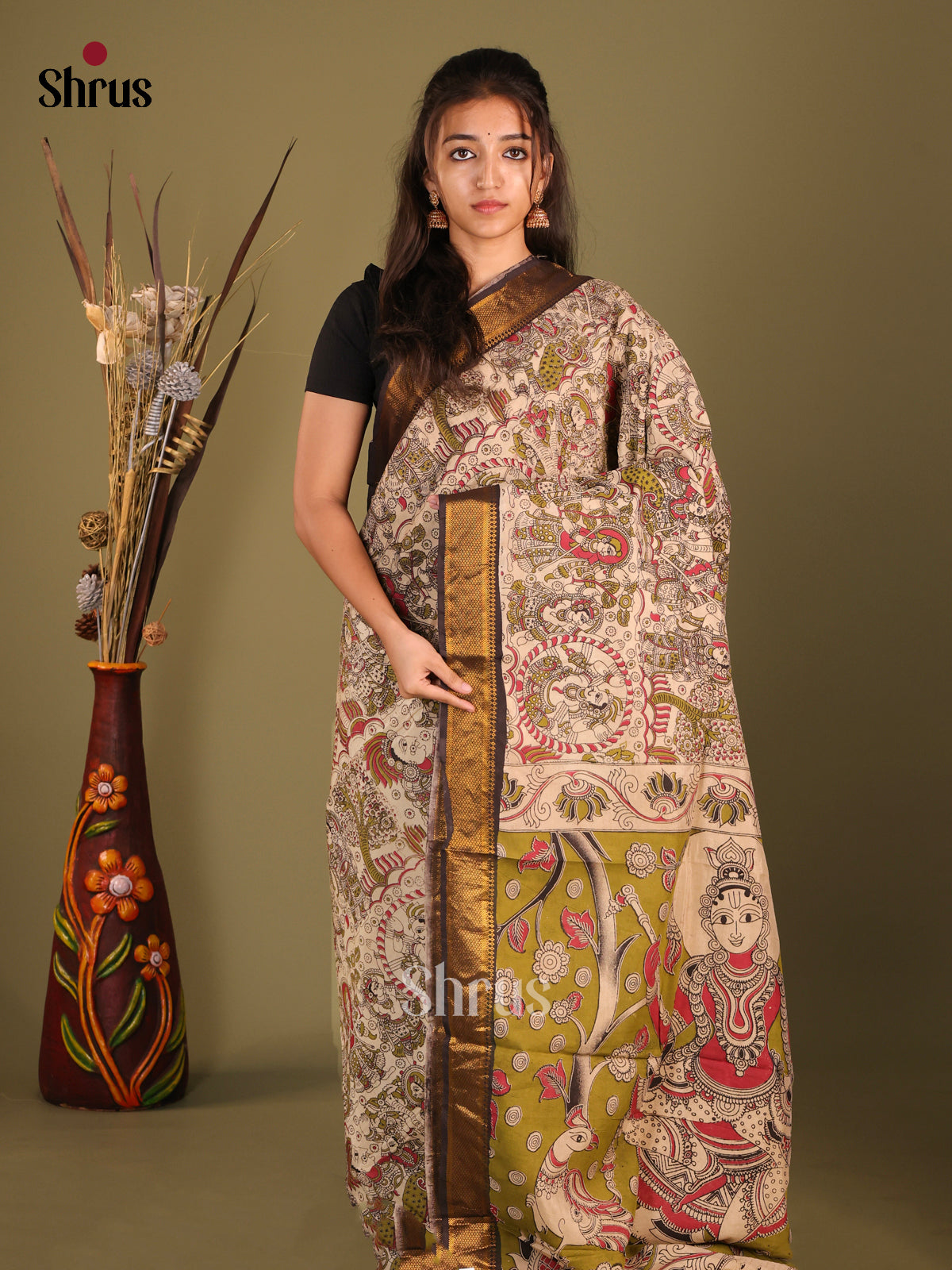 Cream & Green- chennur-kalamkari Saree