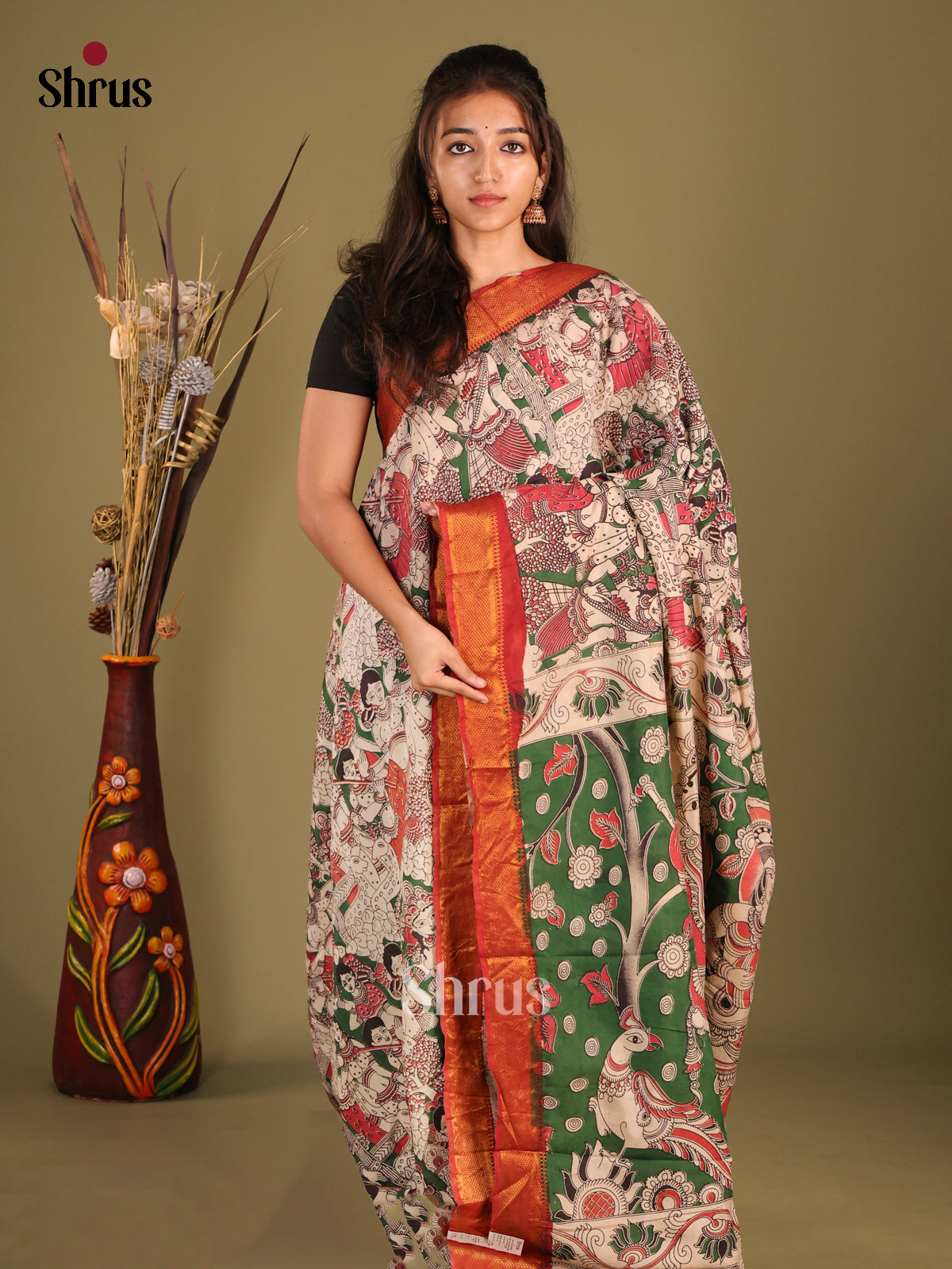 Cream & Red - chennur-kalamkari Saree