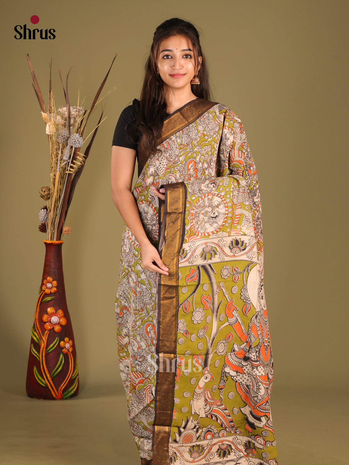 Green & Cream - chennur-kalamkari Saree