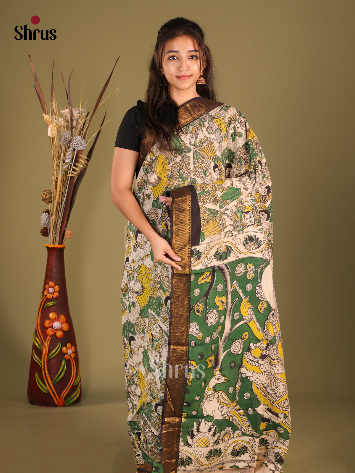Cream & Green - chennur-kalamkari Saree