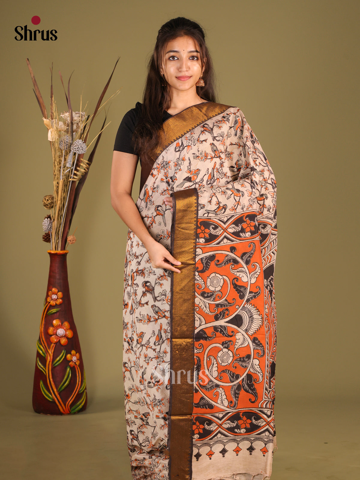 Cream & Black - chennur-kalamkari Saree