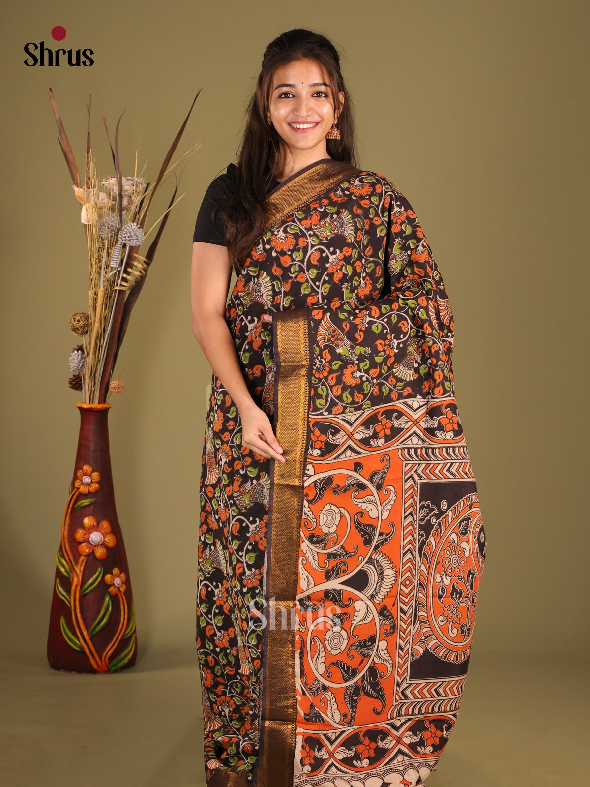 Black & Orange - chennur-kalamkari Saree