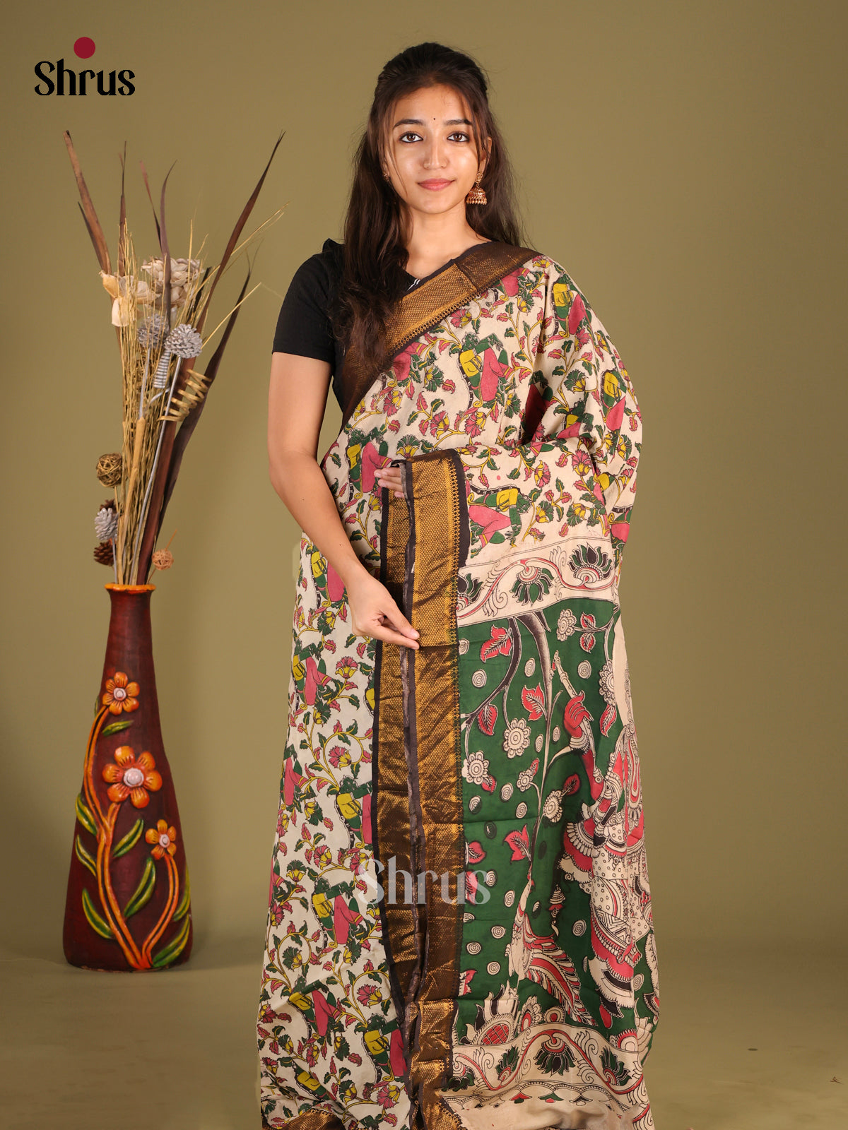 Cream & Green - chennur-kalamkari Saree