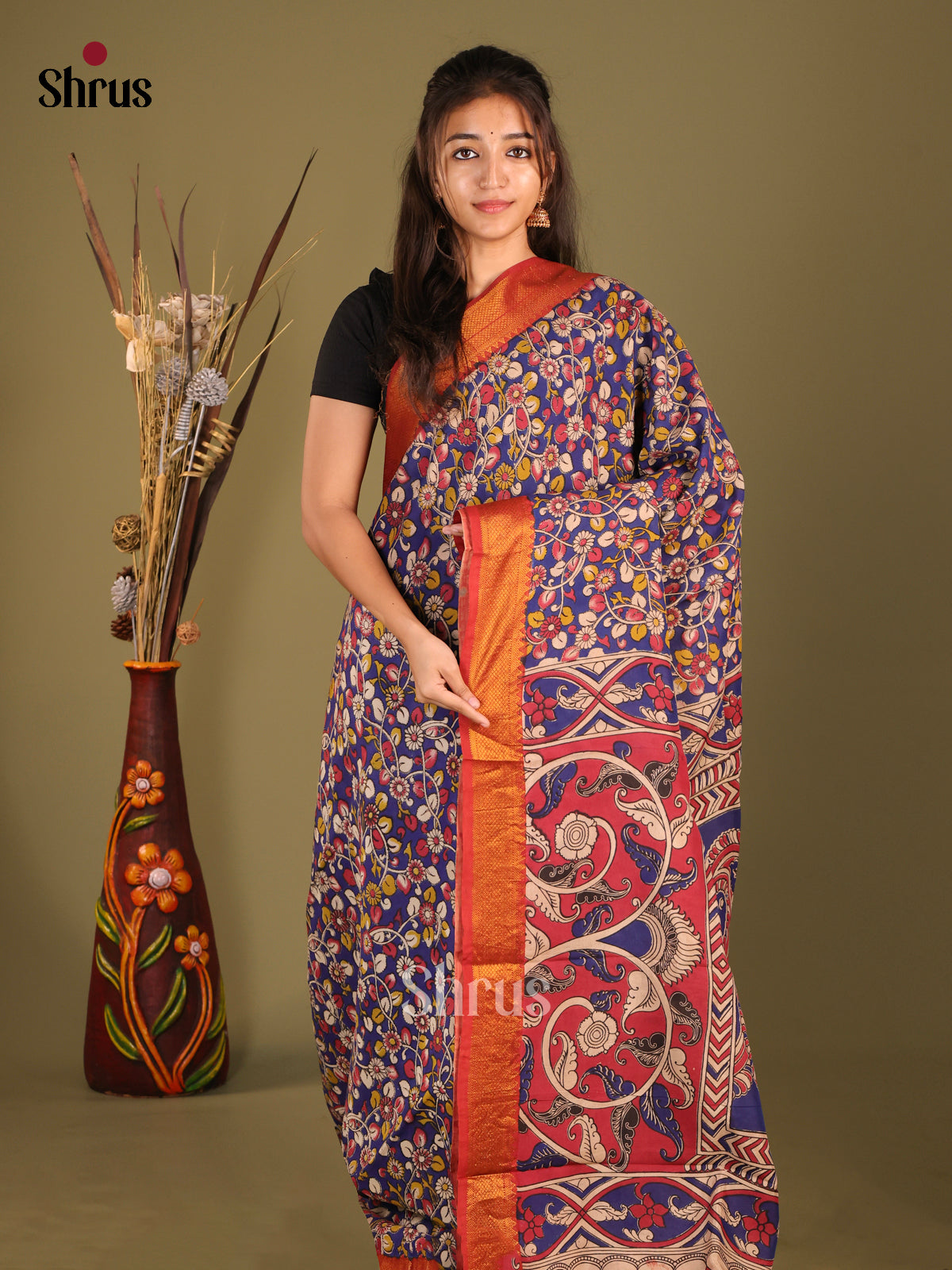 Blue & Red - chennur-kalamkari Saree