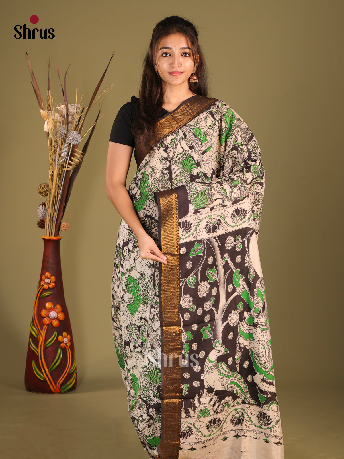Off White & Black - chennur-kalamkari Saree - Shop on Shrus.com
