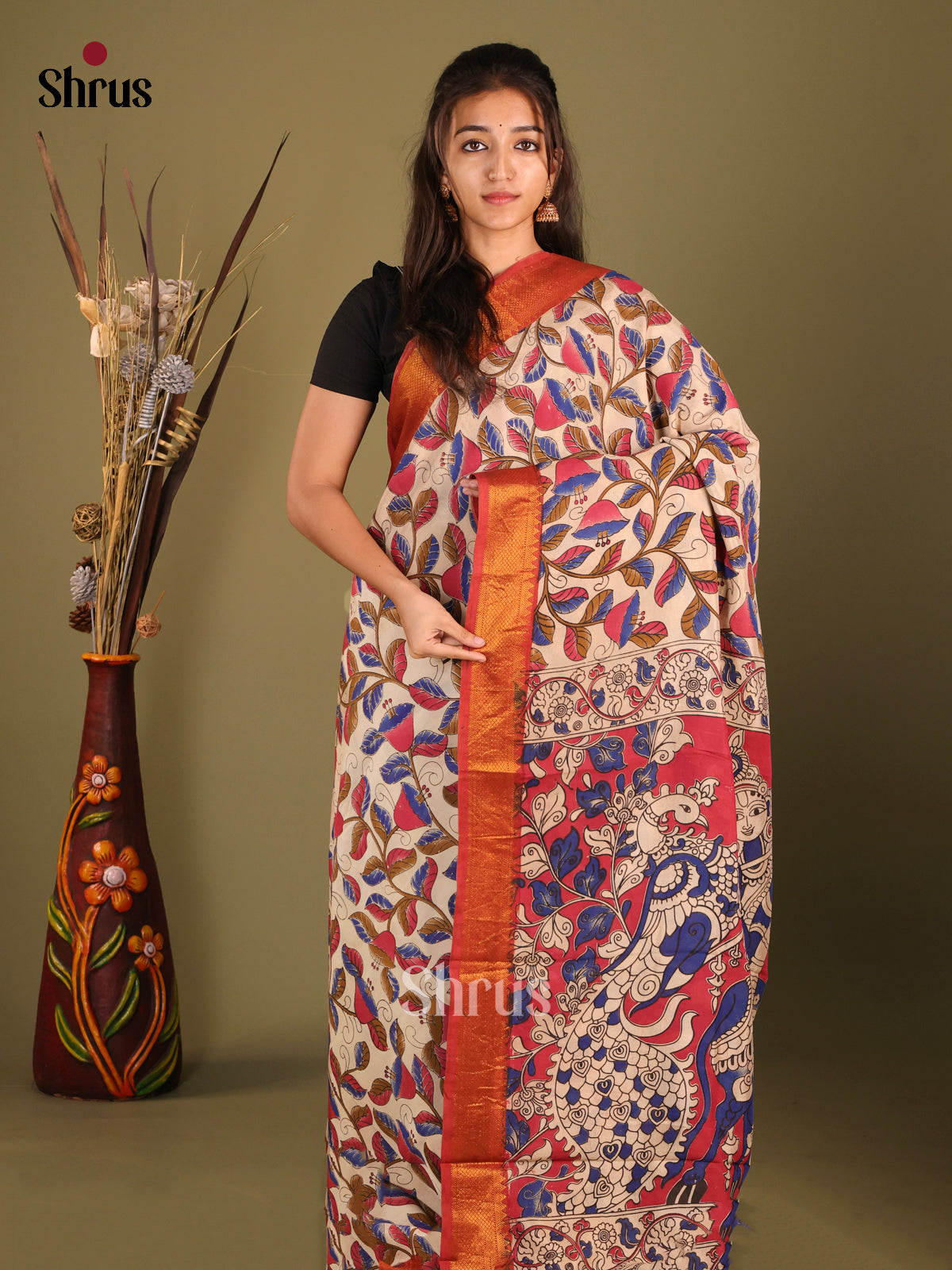 Cream & Red- chennur-kalamkari Saree