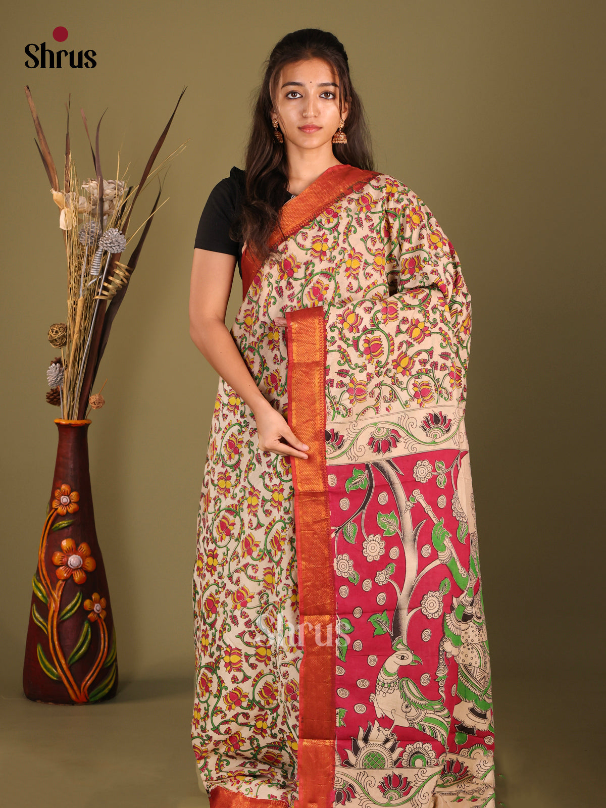 Cream & Red - chennur-kalamkari Saree