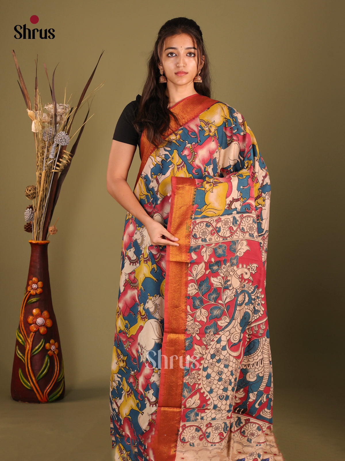 Blue & Red - chennur-kalamkari Saree