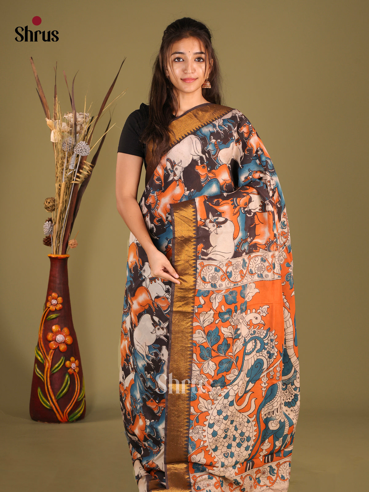 Black & Orange - chennur-kalamkari Saree