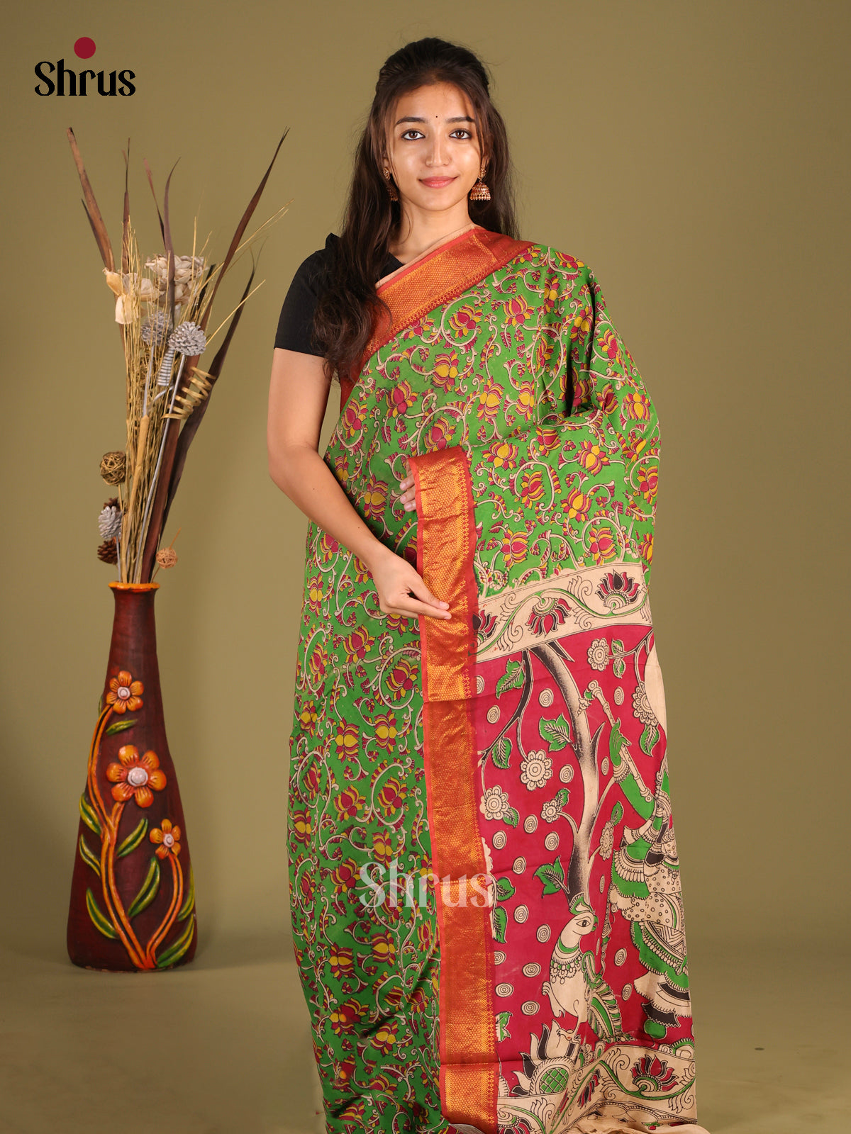 Green & Red- chennur-kalamkari Saree