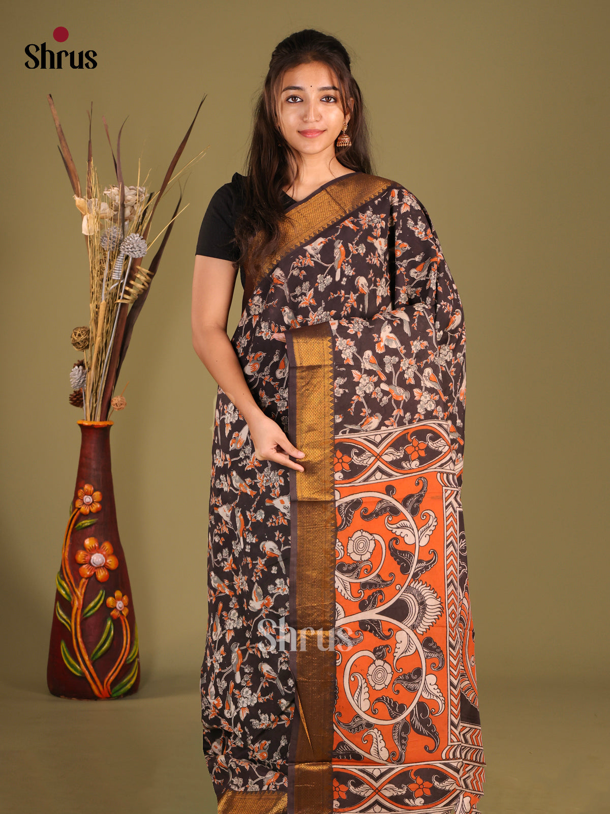 Black & Orange- chennur-kalamkari Saree
